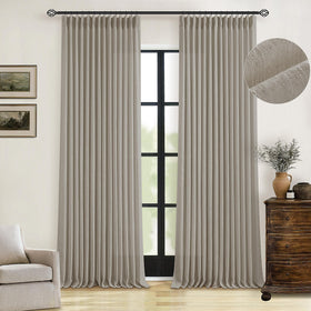 TWODRAPES Taupe Burlywood pinched-pleat curtains, front view, 96-inch length for elegant living spaces.