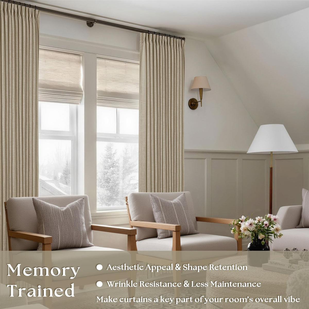 TWODRAPES beige linen-textured curtains diffuse light softly.