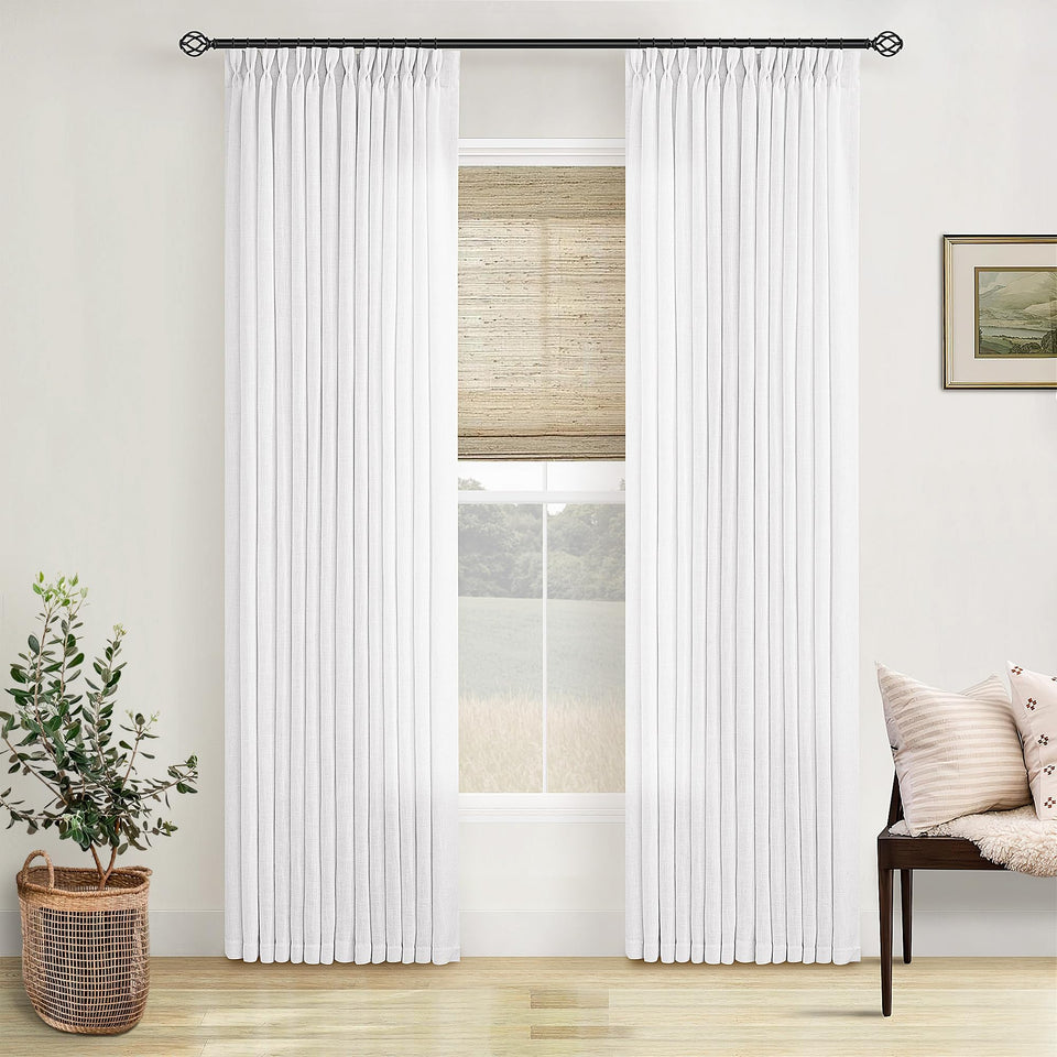 TWODRAPES White Linen Pinched Pleat Curtain enhances living room style with soft light diffusion.