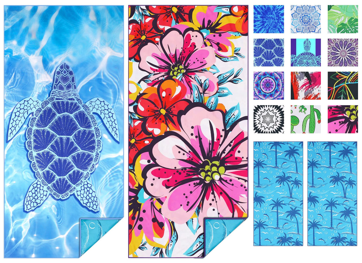 TwoYek microfiber towel unfolded to 71x32 inches for full beach coverage.