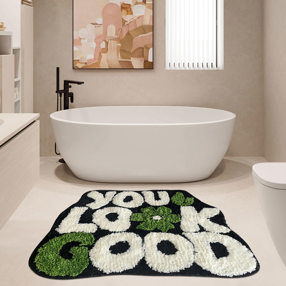You Look Good bath rug close-up shows plush fibers and fast-drying performance.