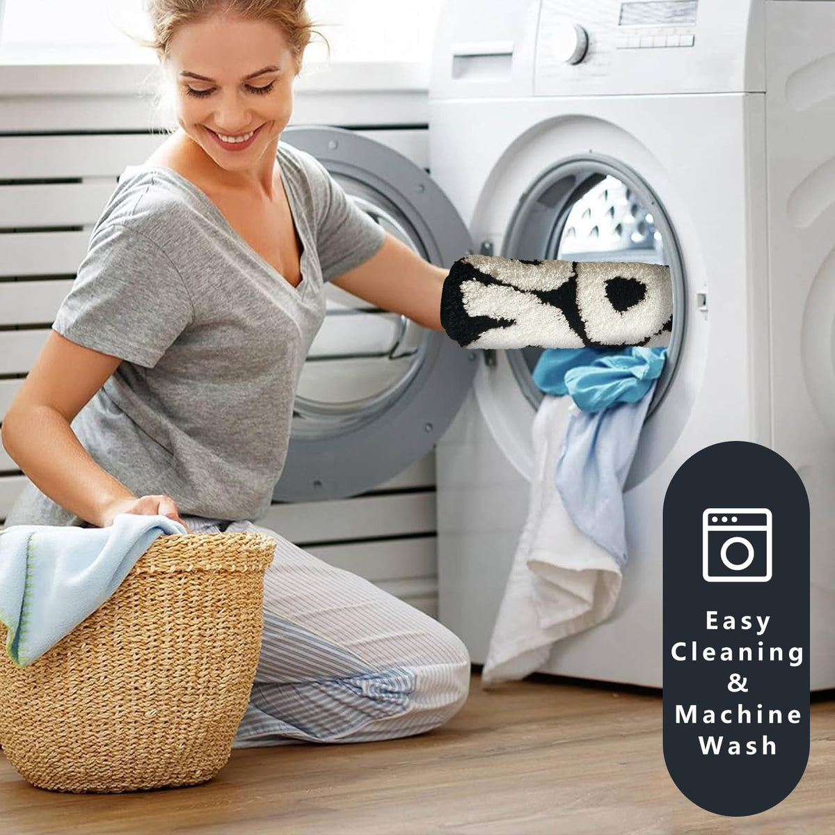 You Look Good bath rug is machine-washable for easy care.