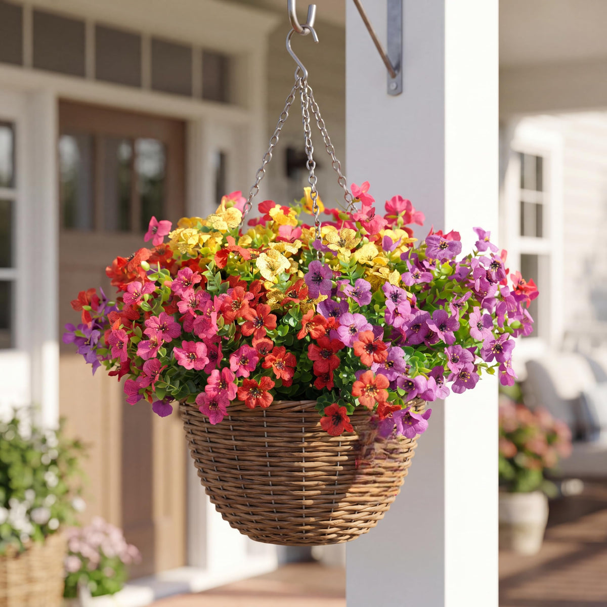 Txmasen porch setup demonstrates bendable artificial flowers for outdoor decor.