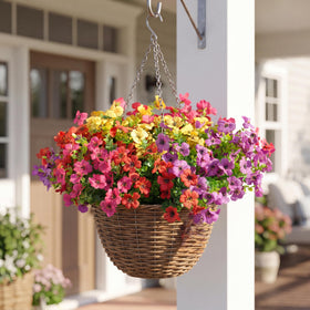 Txmasen porch setup demonstrates bendable artificial flowers for outdoor decor.