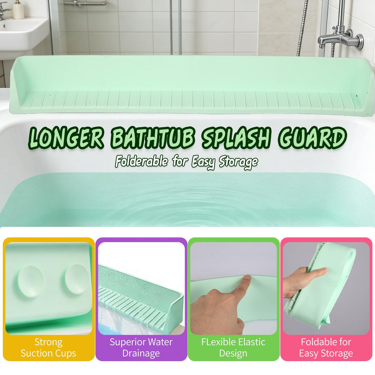TYASDBA splash guard extends beyond the tub edge for extra toy space.