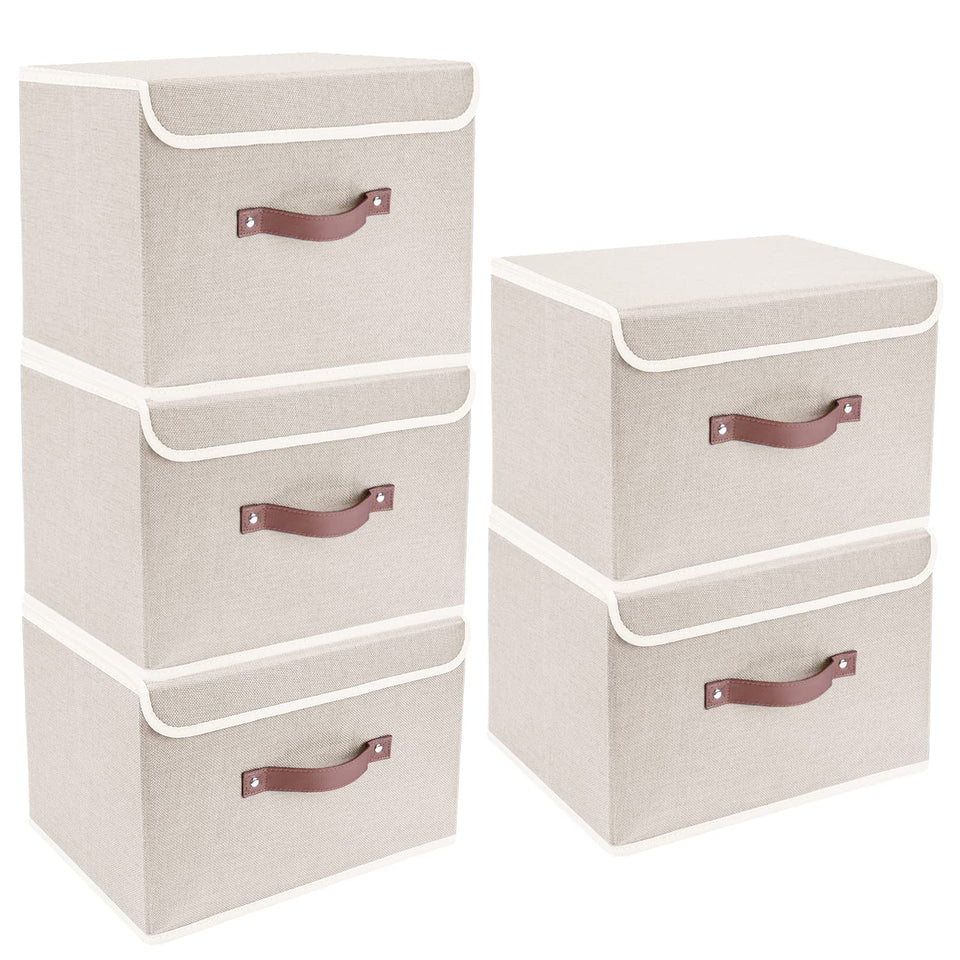 TYEERS foldable storage bins with lids beige for clutter-free closet organization