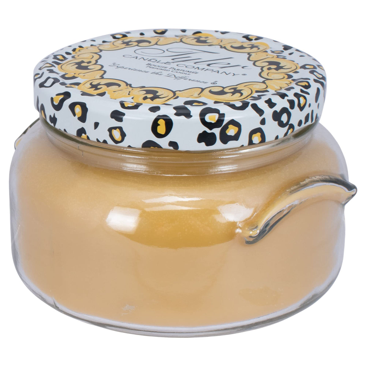 TYLER Fleur de Lis candle front view in 22 oz jar enhances living room ambiance.