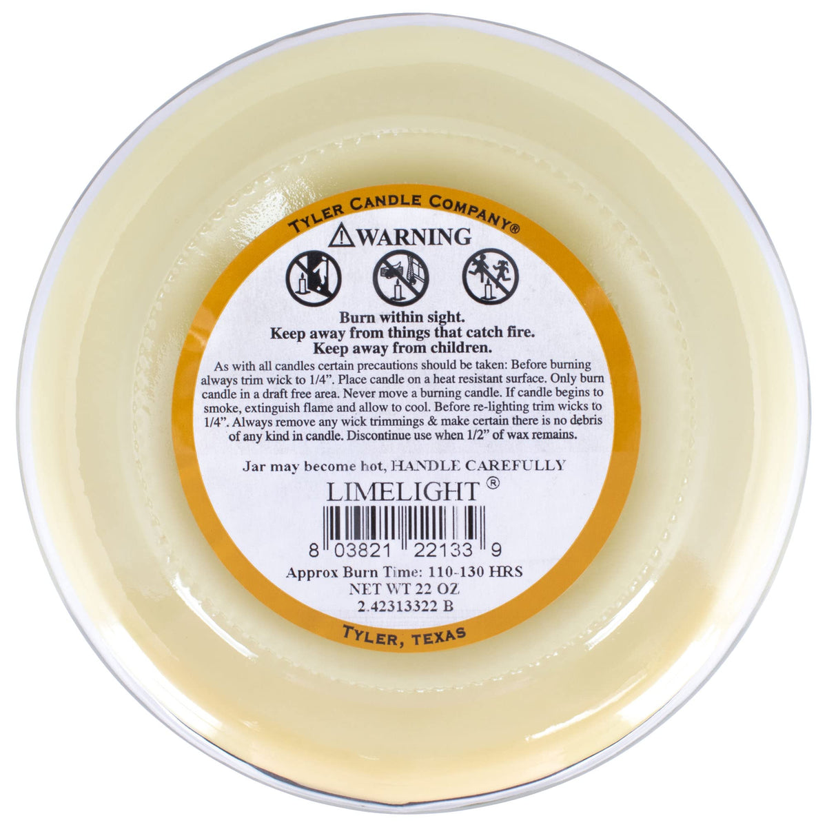 Tyler Candle Limelight label detail features clear scent notes for lime aroma.