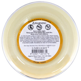 Tyler Candle Limelight label detail features clear scent notes for lime aroma.