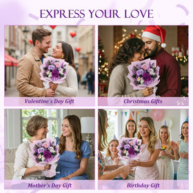 TYL&TYS purple Forever roses bouquet; vibrant centerpiece that lasts for years.
