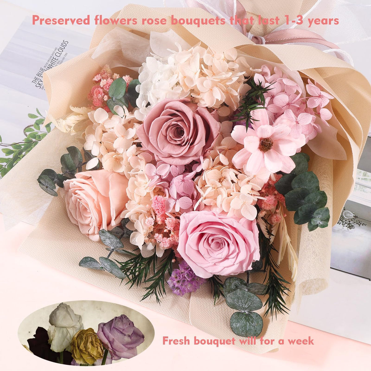 TYL&amp;TYS preserved rose bouquet with 3-rose accents highlights texture and elegance