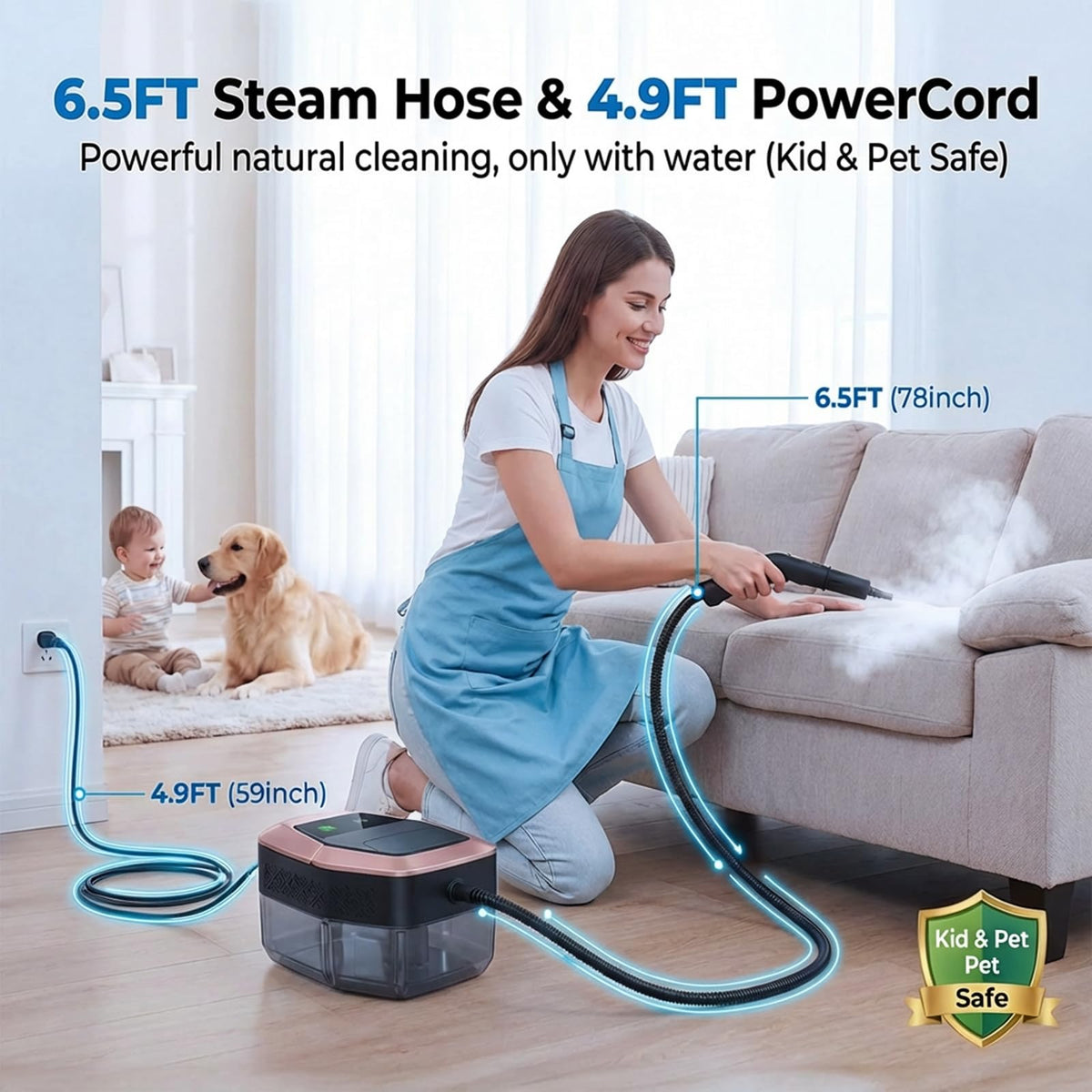 TYMAZ steam cleaner hose extends reach to hard-to-access areas.