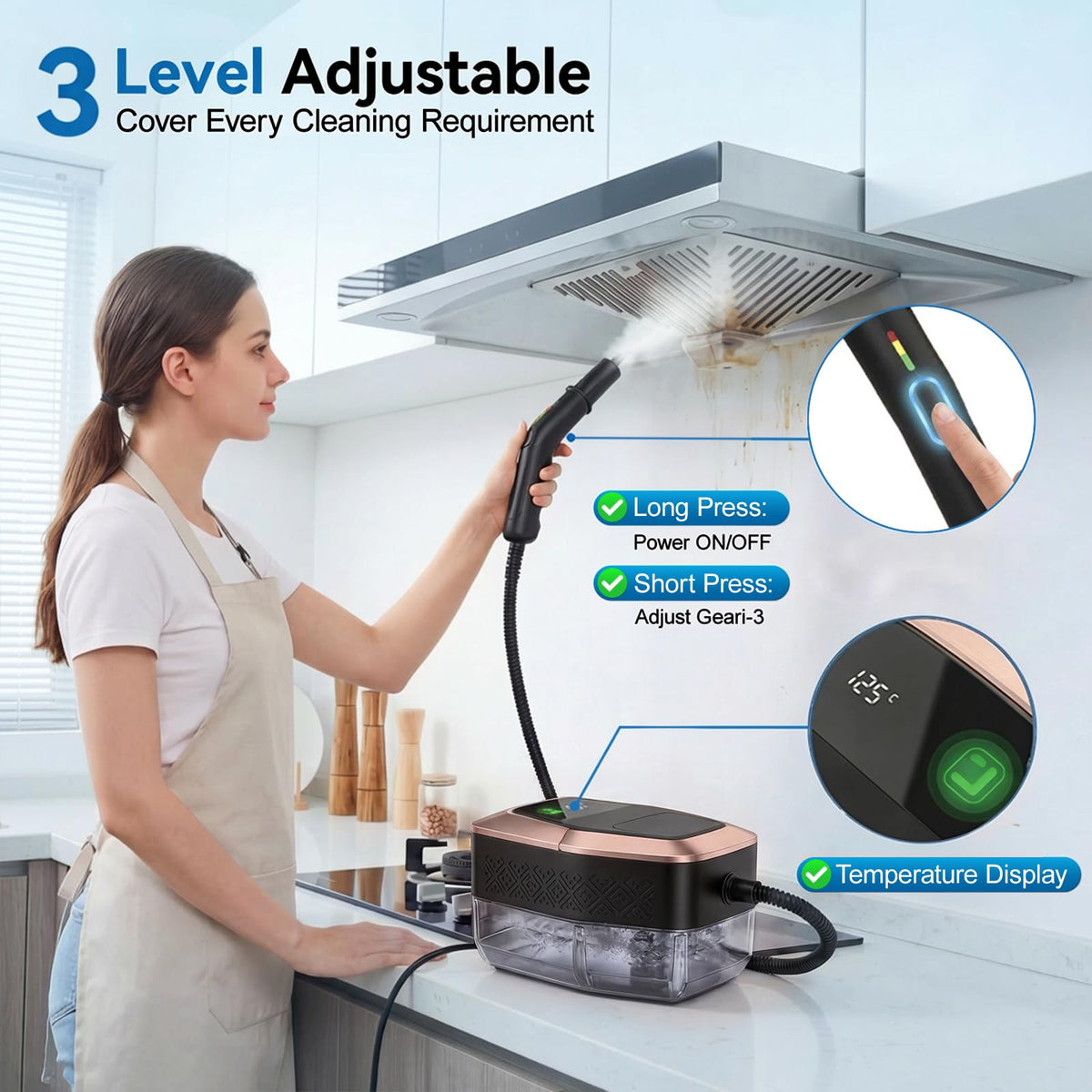 TYMAZ steam cleaner tank showing water level for continuous use.