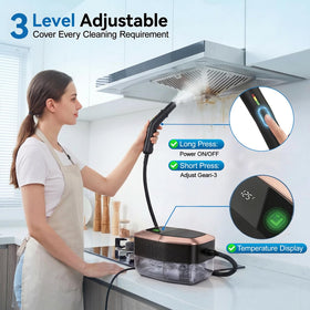 TYMAZ steam cleaner tank showing water level for continuous use.