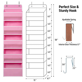TYMENSH Over Door Organizer five large pockets close-up showing tall bottles fit up to 10 inches.