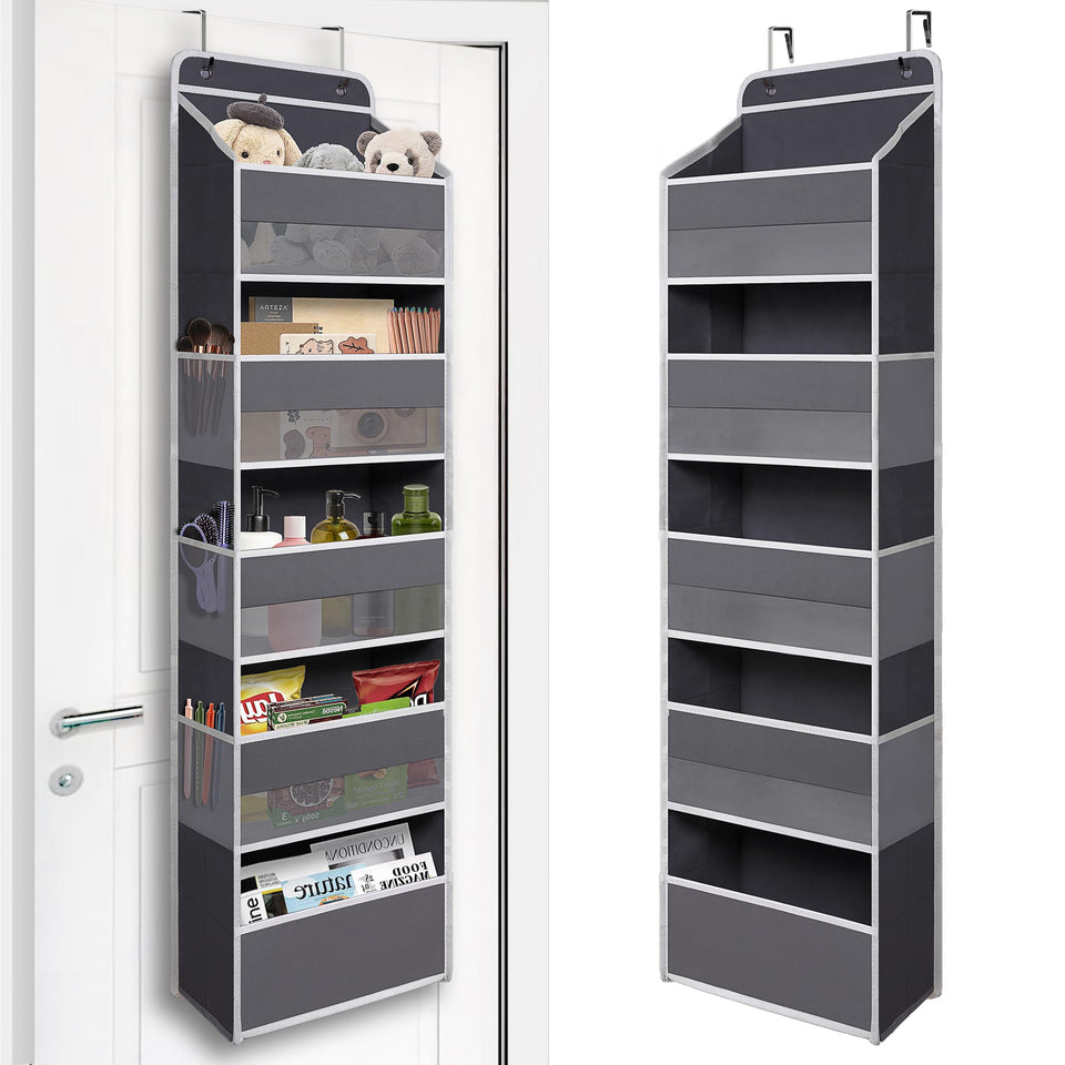 TYMENSH Over Door Organizer front view with 5 large pockets for tall bottles.