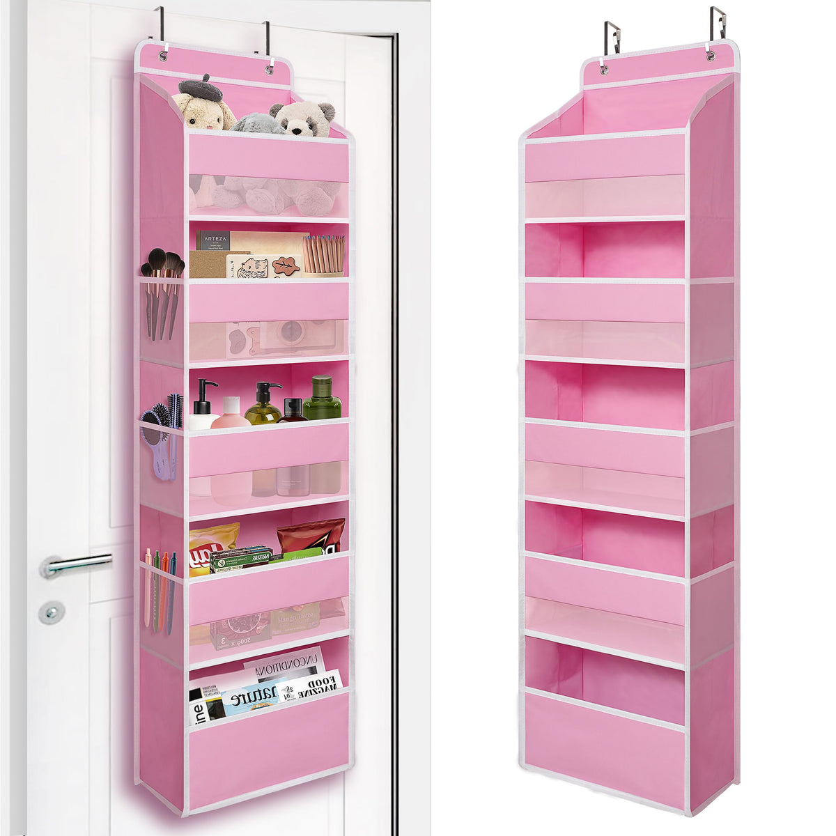 TYMENSH Over Door Organizer pink front view with five large pockets for quick access.