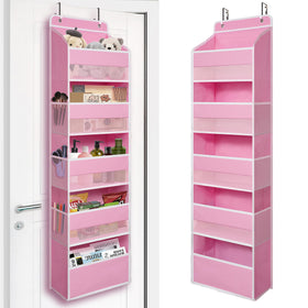 TYMENSH Over Door Organizer pink front view with five large pockets for quick access.