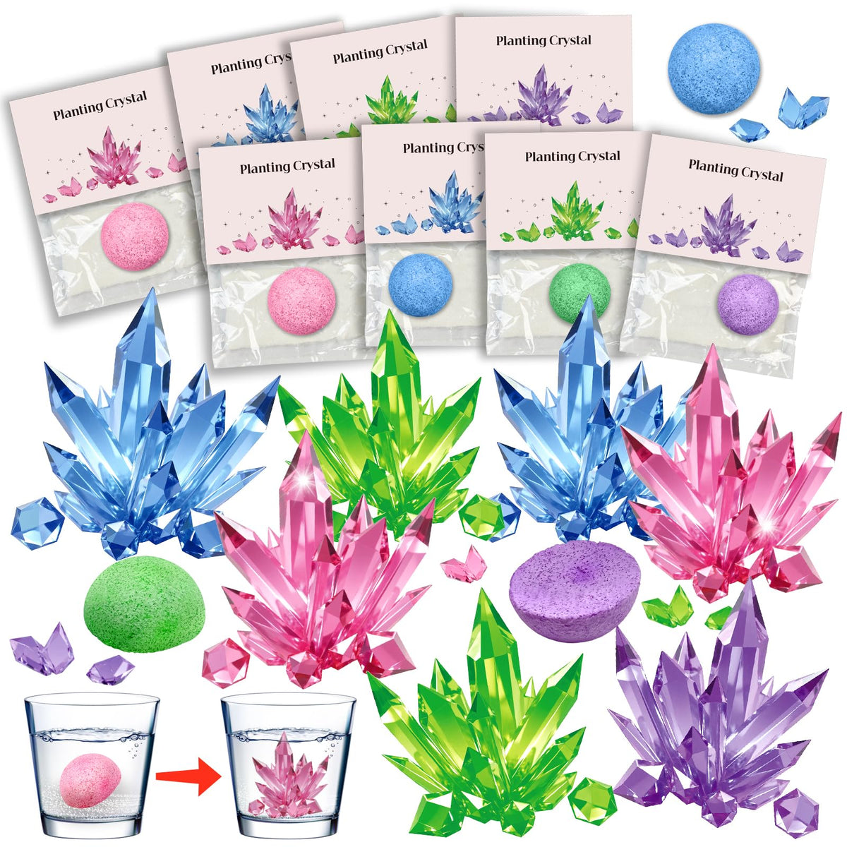 Tymokcall 16pcs crystal growing kit package ready for gifting and party favors.