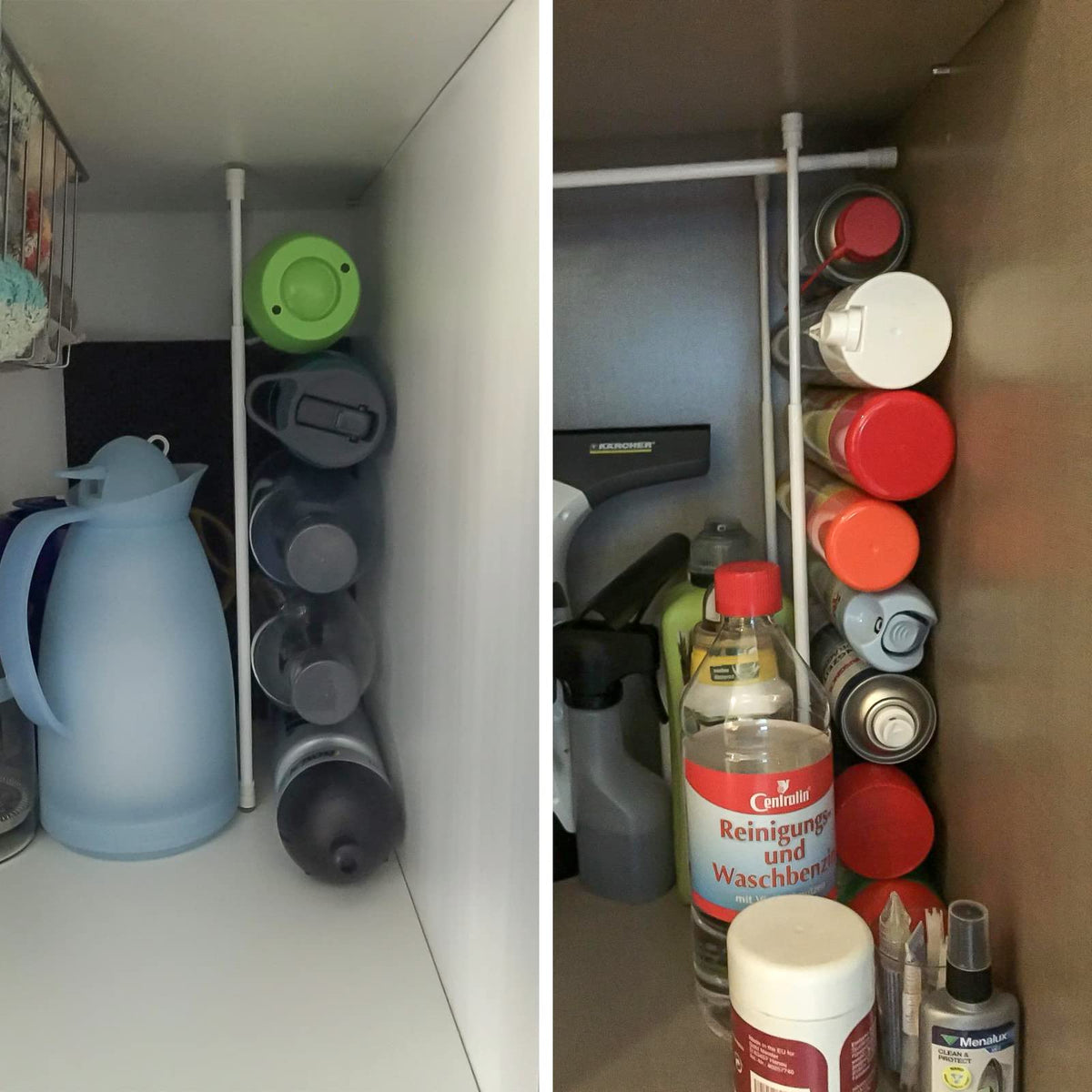 TYRON 2Pcs thin spring tension rod acts as cabinet divider in small rooms.