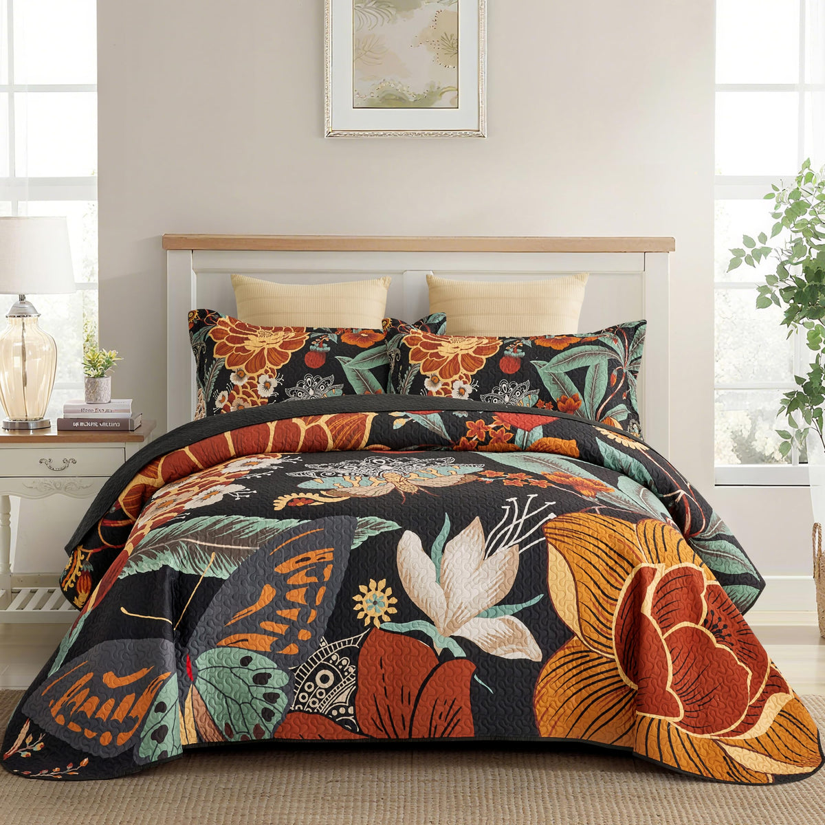 Tyrot black boho floral king quilt set on bed with vibrant pattern and lightweight comfort.