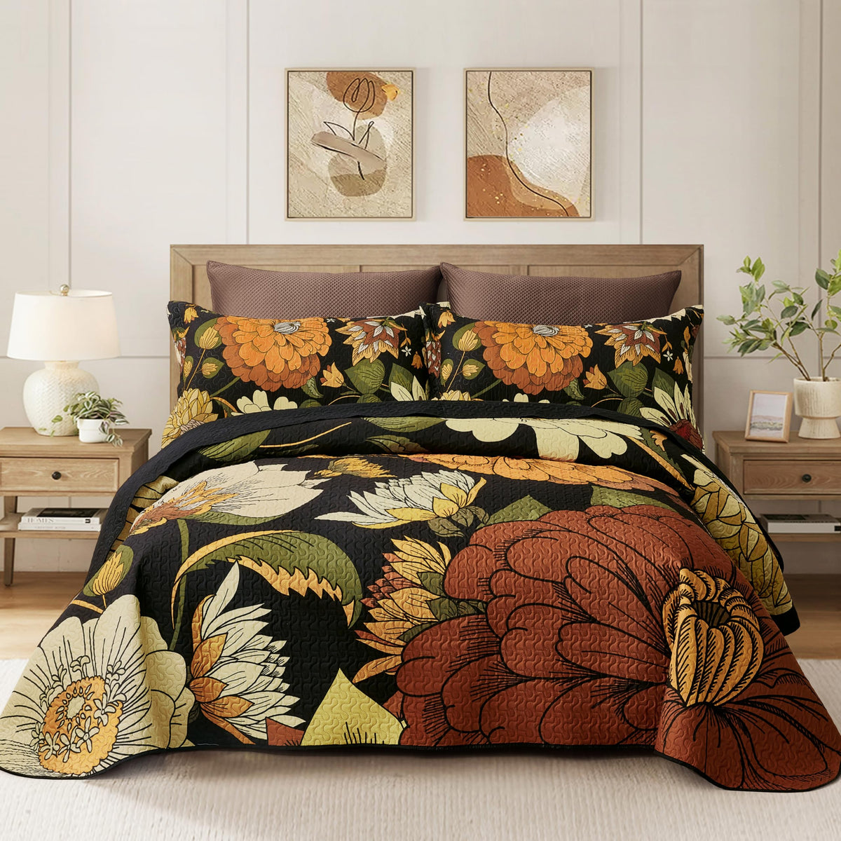 Tyrot black boho floral quilt on bed adds bold style and all-season warmth