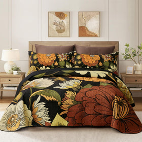 Tyrot black boho floral quilt on bed adds bold style and all-season warmth