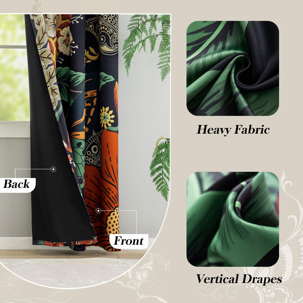 Tyrot blackout curtains colorful botanical design emphasizes aesthetic while providing privacy.