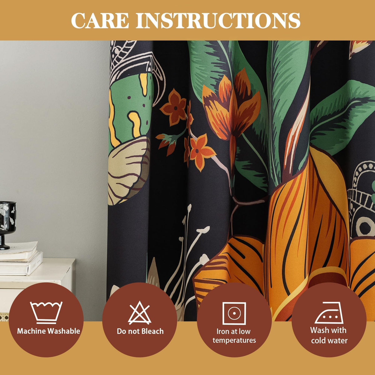 Tyrot blackout curtains easy-care machine-washable feature for busy homes.