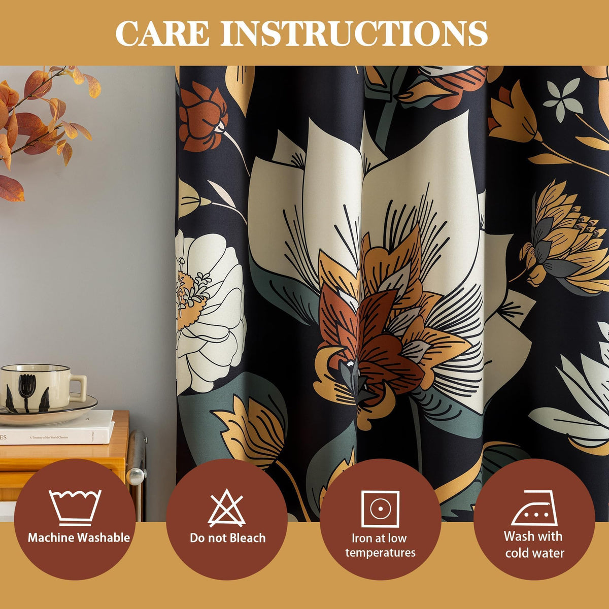 Tyrot machine-washable blackout curtains simplify care and maintenance.