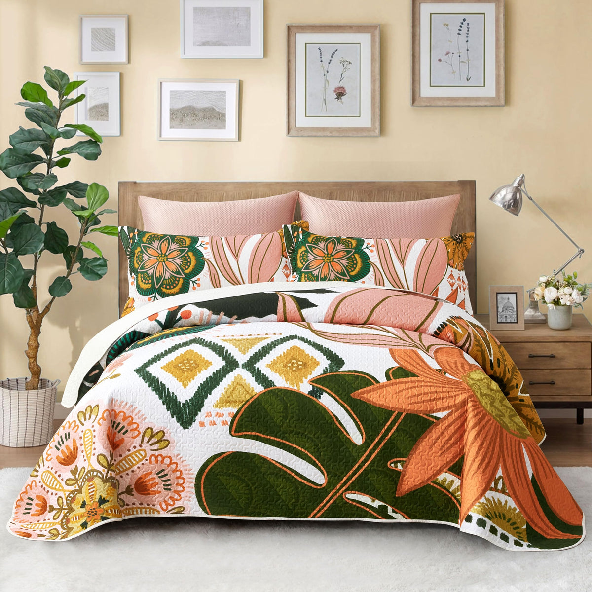 Tyrot boho floral king quilt set on bed highlighting a vibrant focal point.