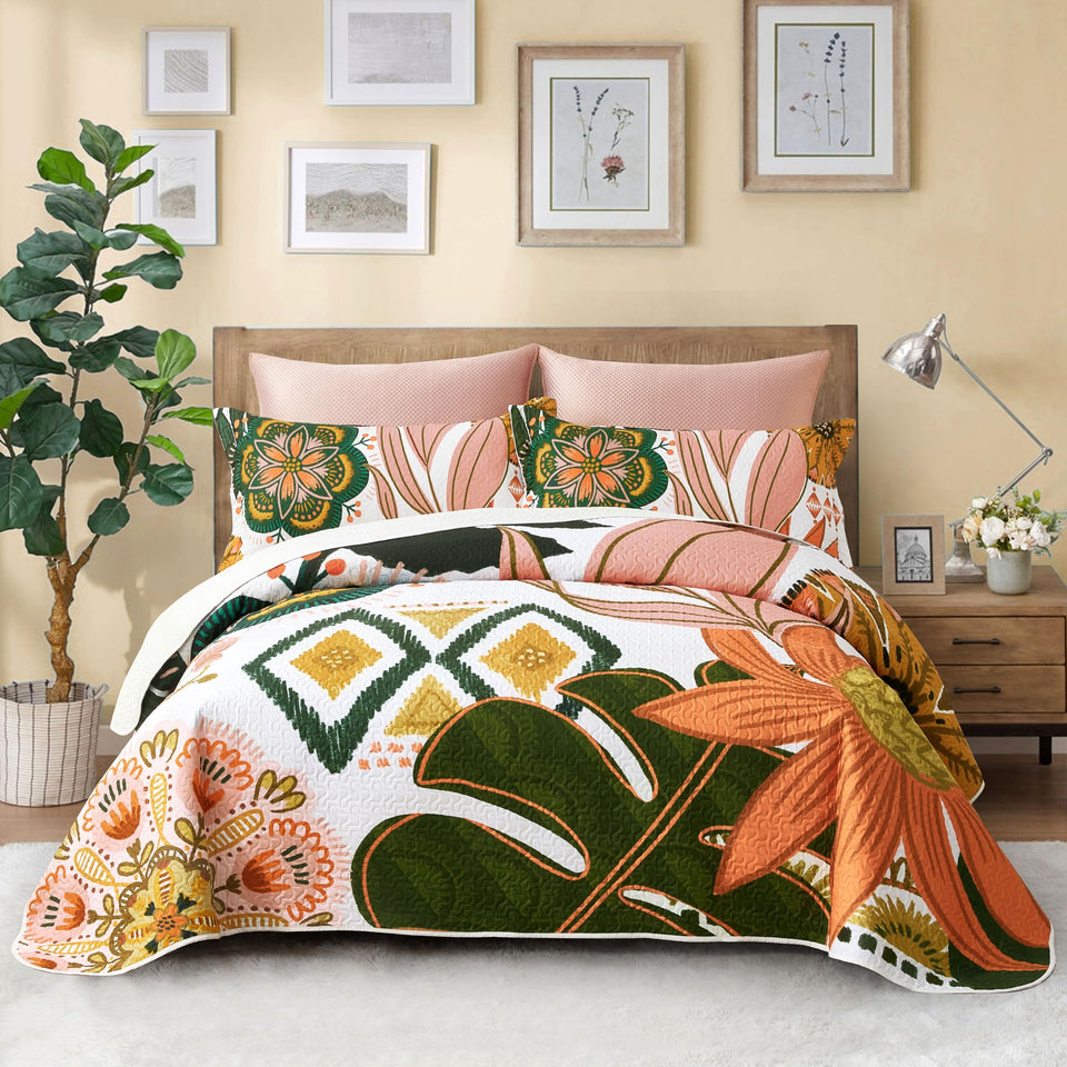 Tyrot boho floral quilt set on bed, lightweight and breathable for year-round comfort.