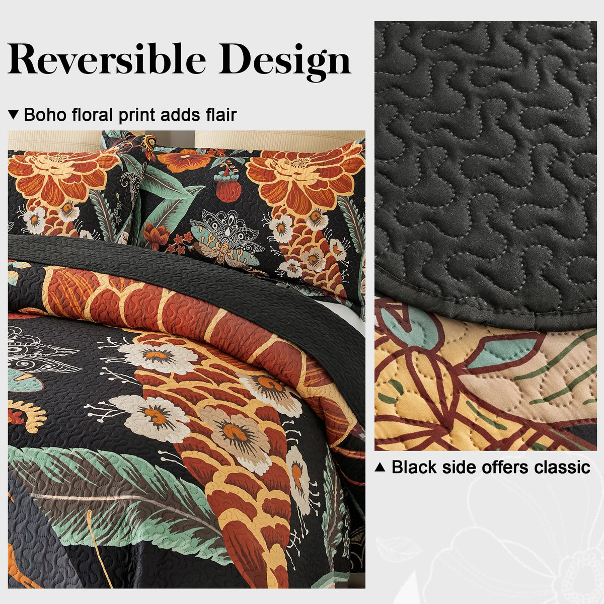 Tyrot floral pattern on black backdrop showcases bold focal point.