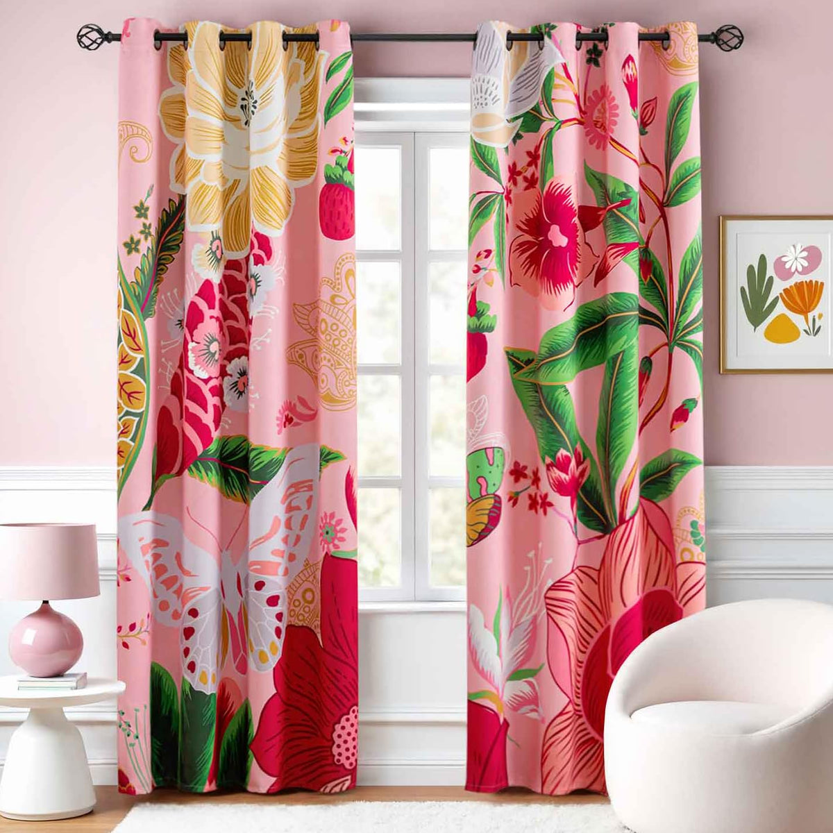 Tyrot Pink Boho Floral blackout curtains panel 1 provides bedroom privacy and darkness for restful mornings.
