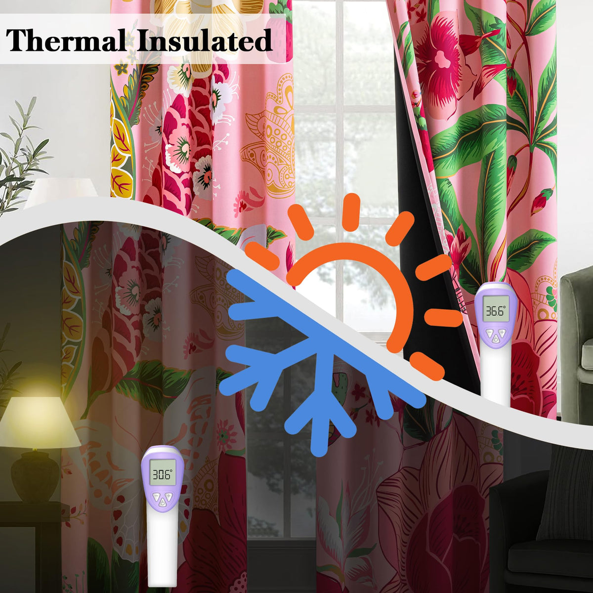 Tyrot Pink Boho Floral blackout curtains panel 5 enhances room insulation by retaining indoor heat.