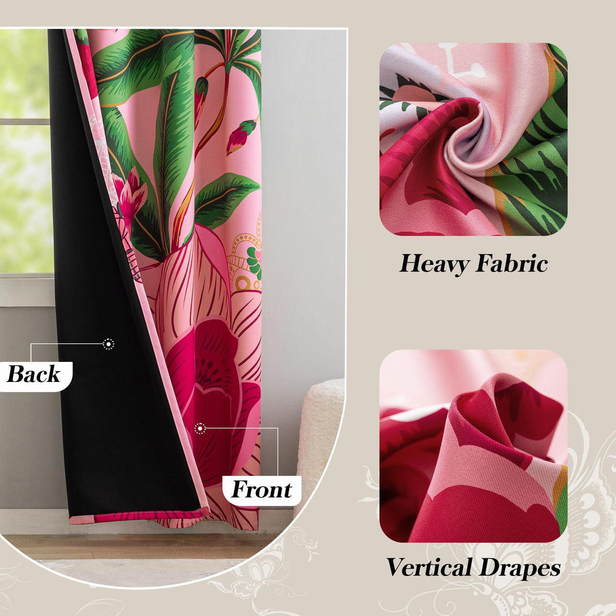 Tyrot Pink Boho Floral blackout curtains panel 6 inspires playful texture for kids' rooms and nurseries.