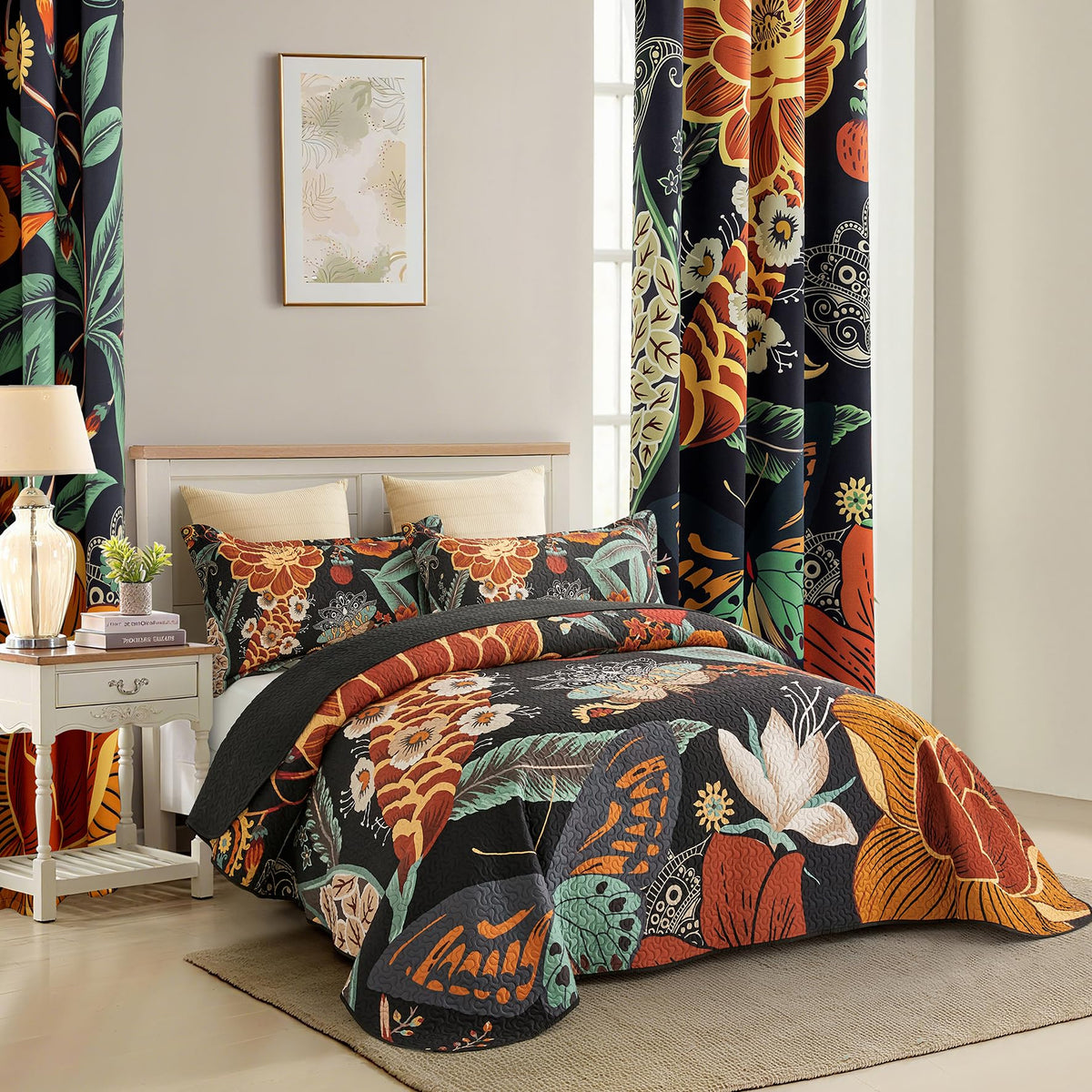 Tyrot reversible microfiber bedspread displaying boho prints for two styling options.