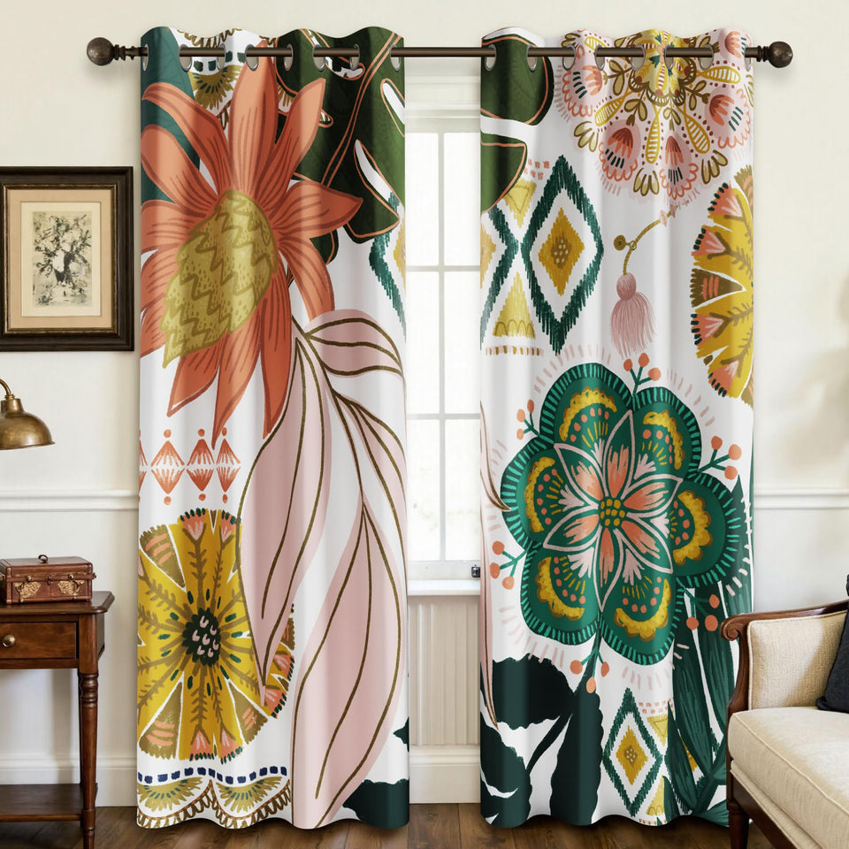 Tyrot white boho floral blackout curtain panel blocking light in a bedroom