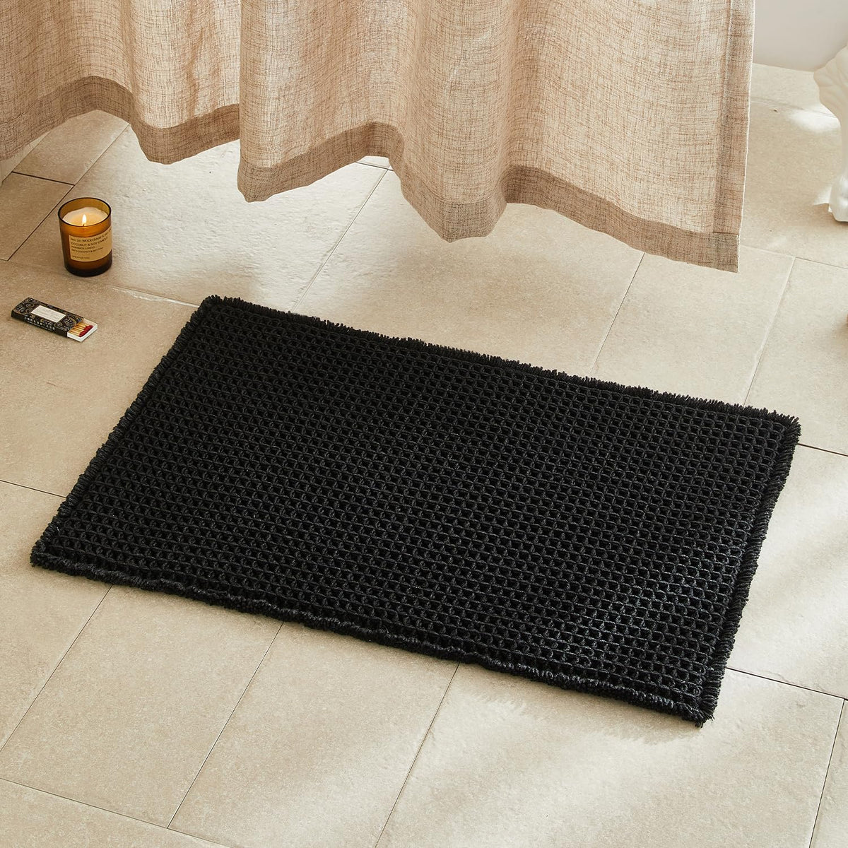 TYUU black waffle bath rug 30x20 with plush texture for soft, dry feet