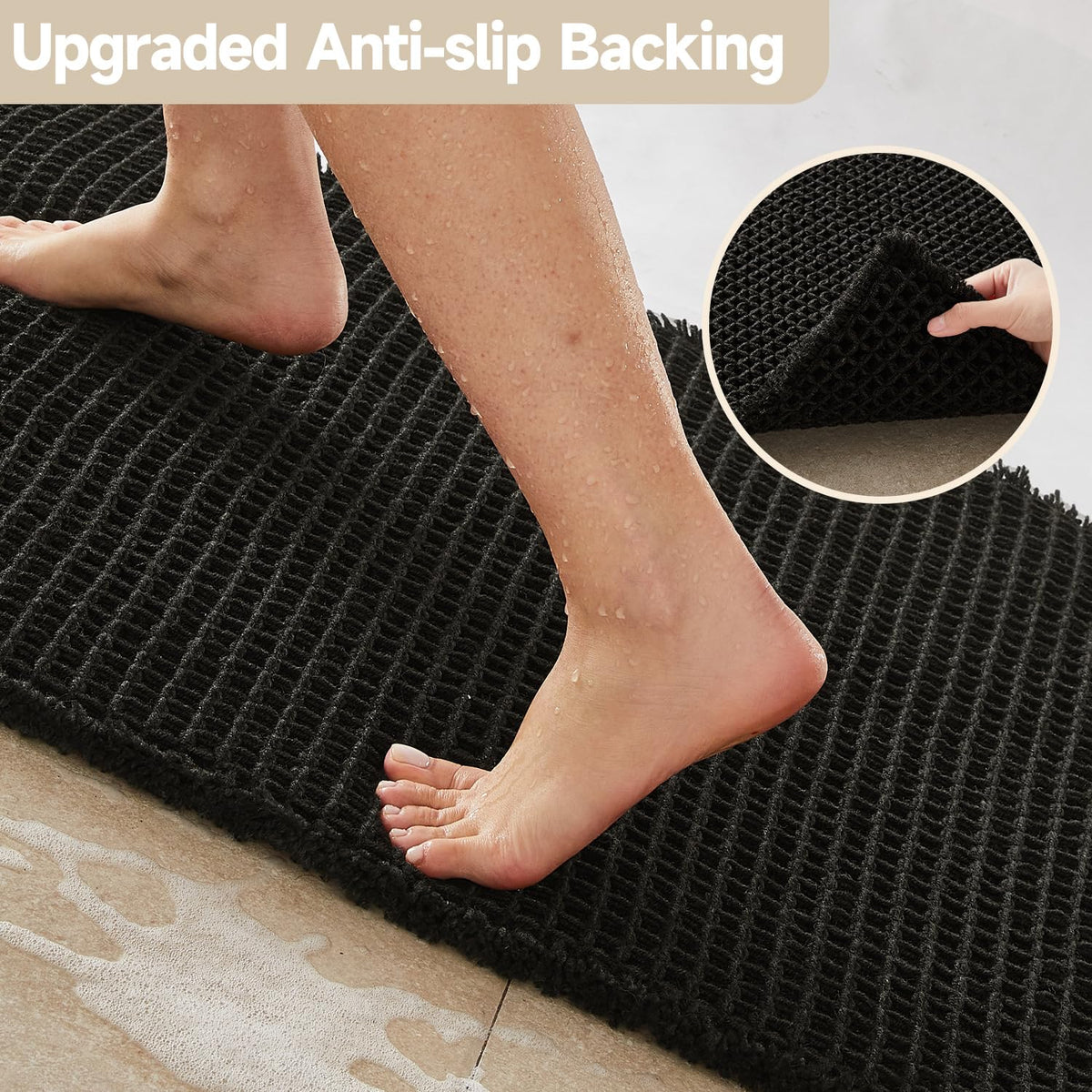 TYUU black waffle rug adds boho farmhouse style to any bathroom.