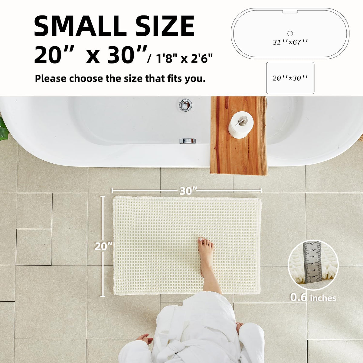 TYUU Cream White Bath Mat with Non-Slip Backing provides secure footing.