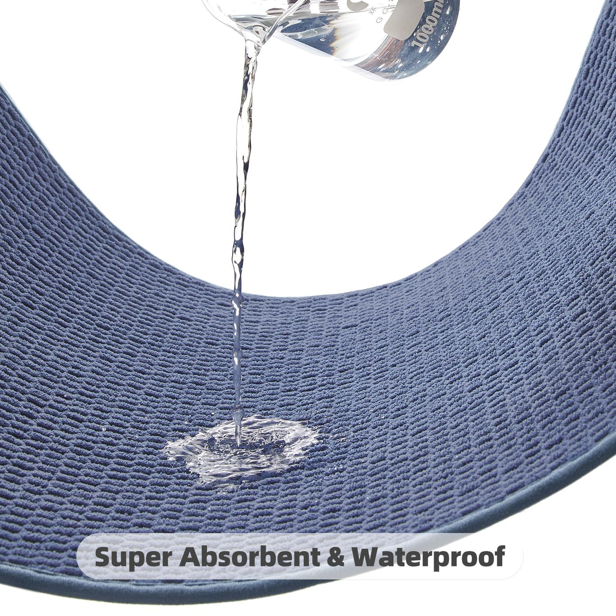 TYUU denim blue rug by the shower area for a comfortable exit
