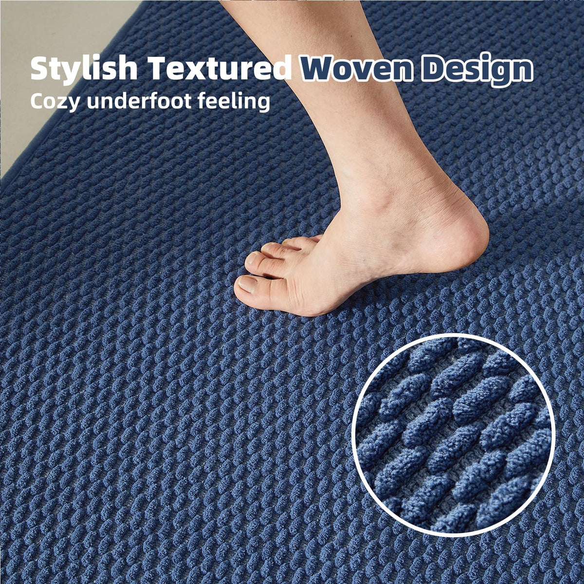 TYUU low-pile chenille rug offers soft underfoot feel after shower.