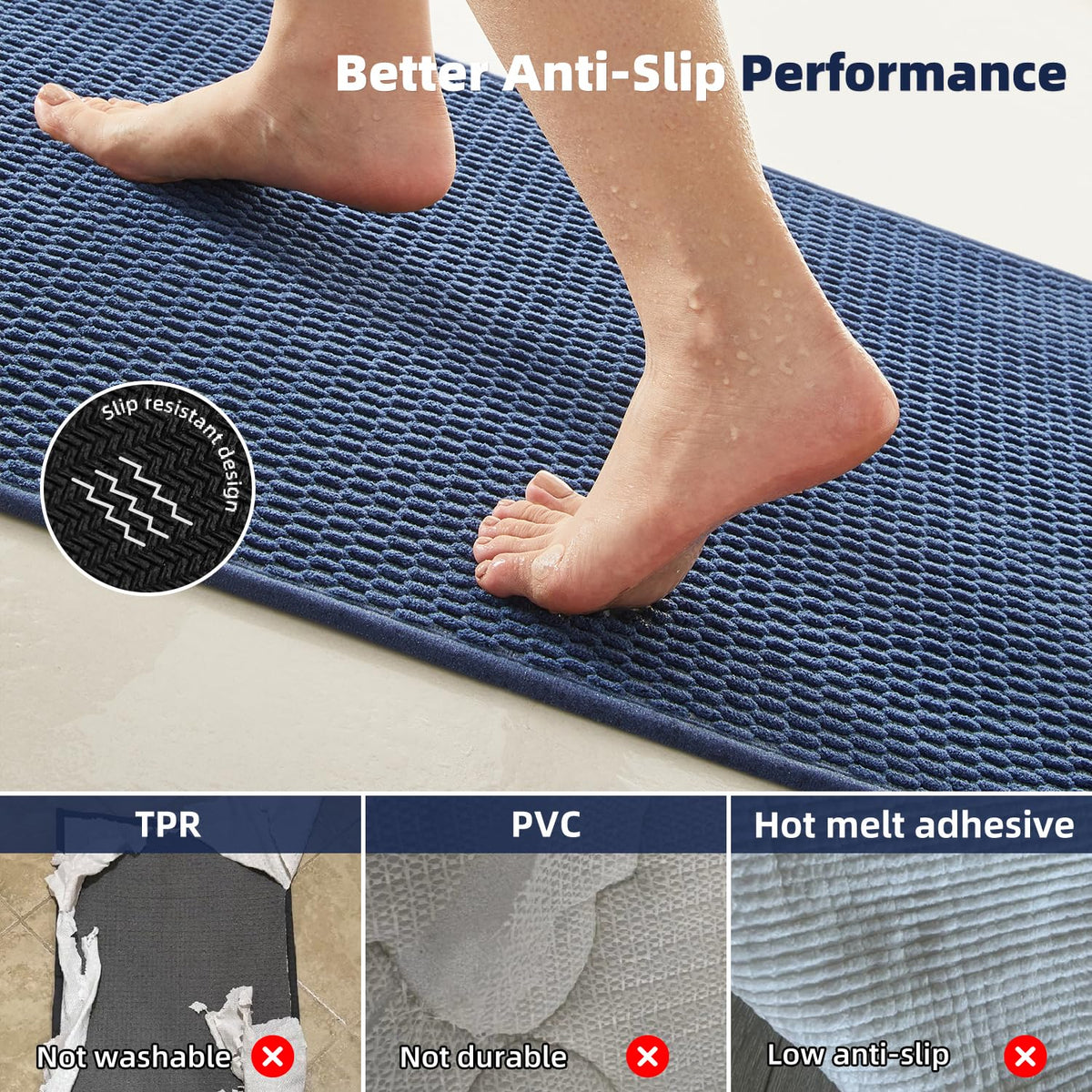 TYUU navy 16x24 rug complements bathroom decor while staying compact.