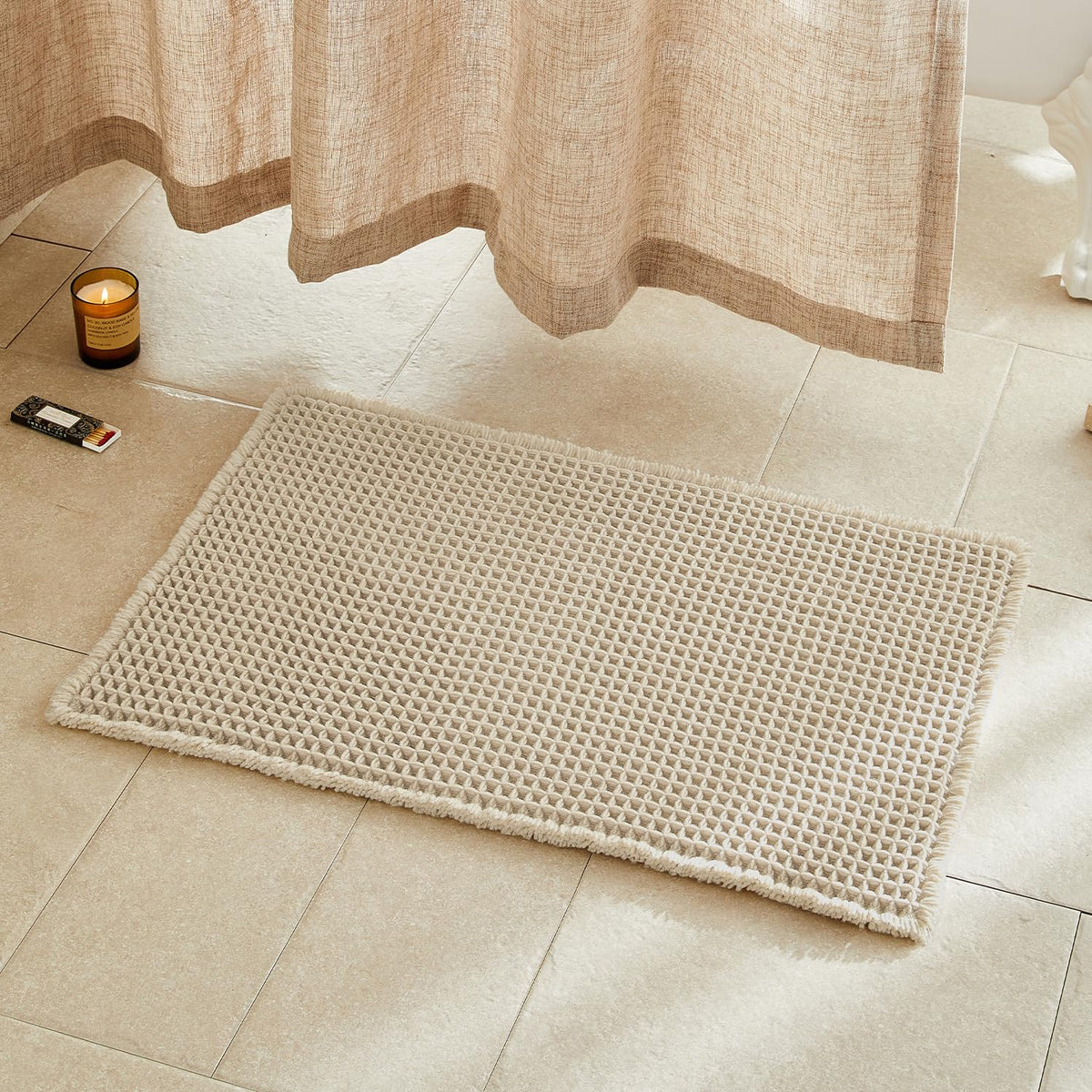 TYUU Pale Beige bathroom rug with waffle texture for plush, spa-like comfort
