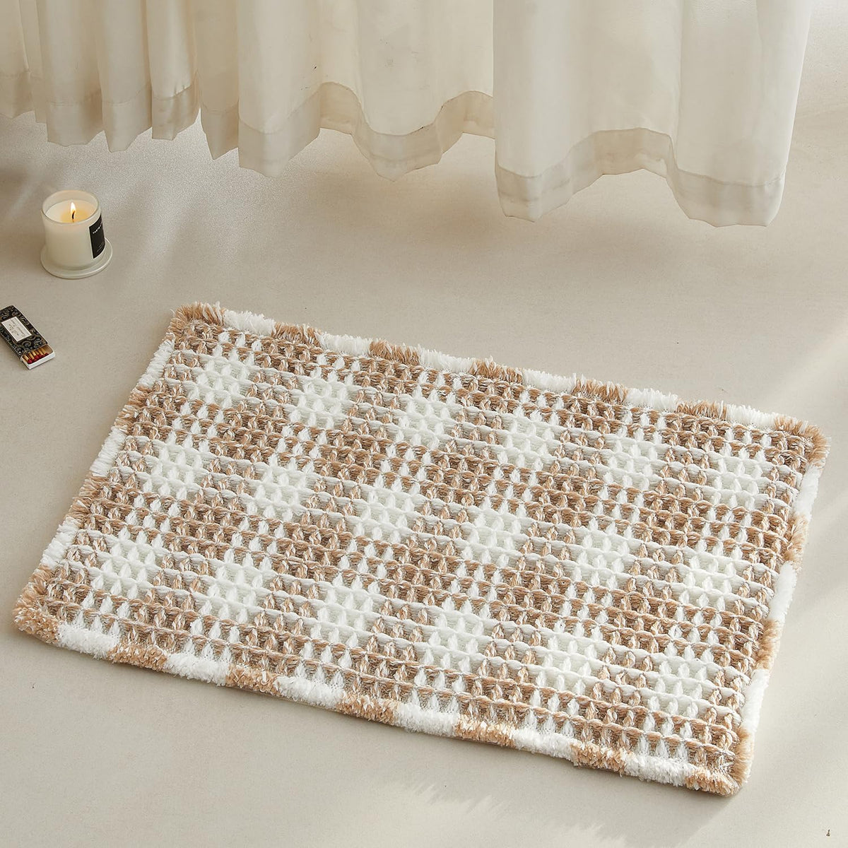 TYUU waffle bath mat 24x16 in khaki and white with quick absorbency for a dry bathroom
