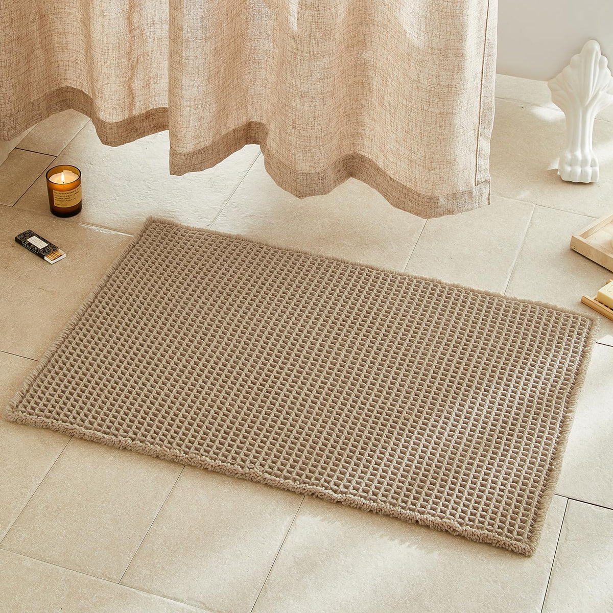 TYUU waffle bath mat 36x24 khaki, front view, cozy absorbent bath upgrade