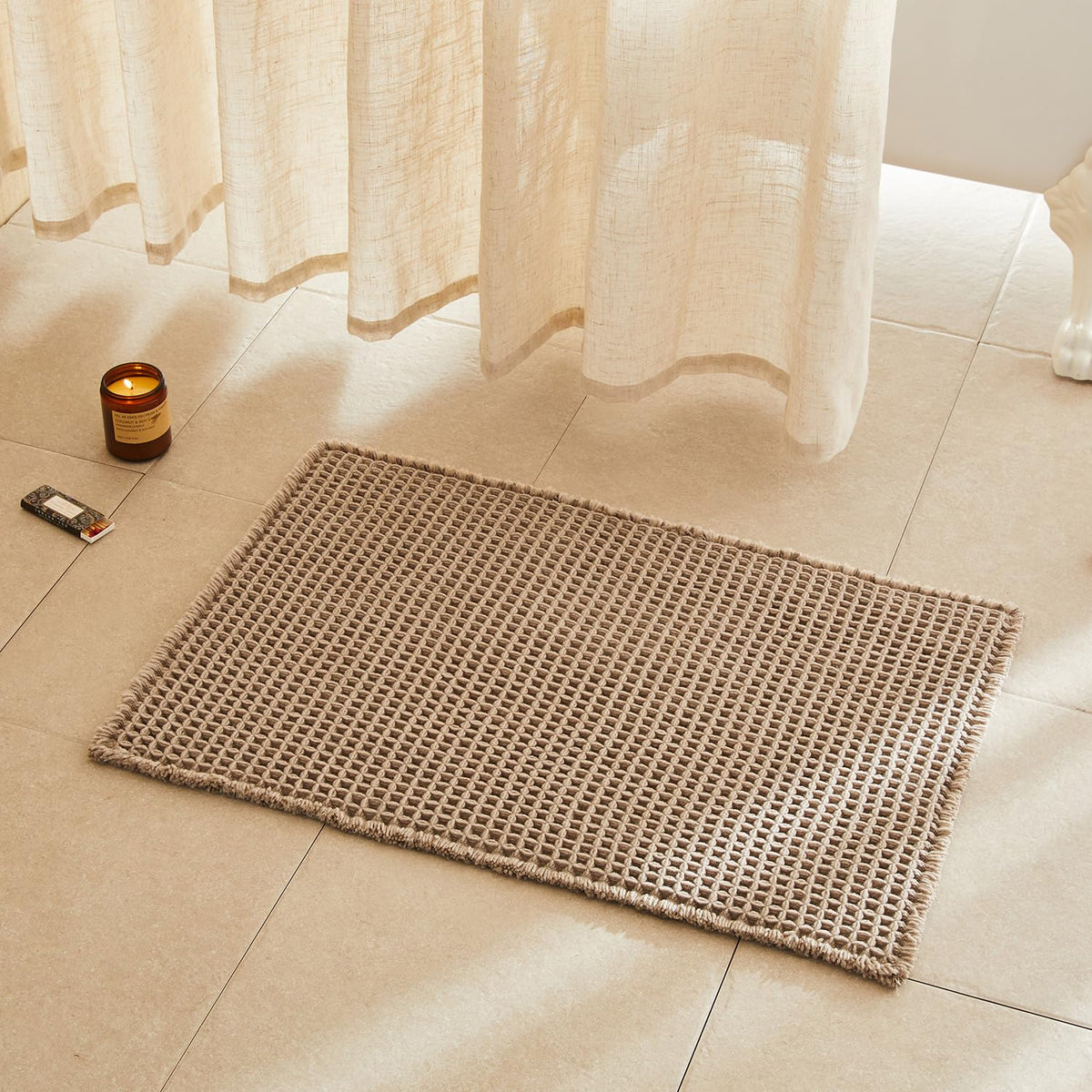TYUU waffle bath mat beige 30x20 overview enhances bathroom comfort and style.