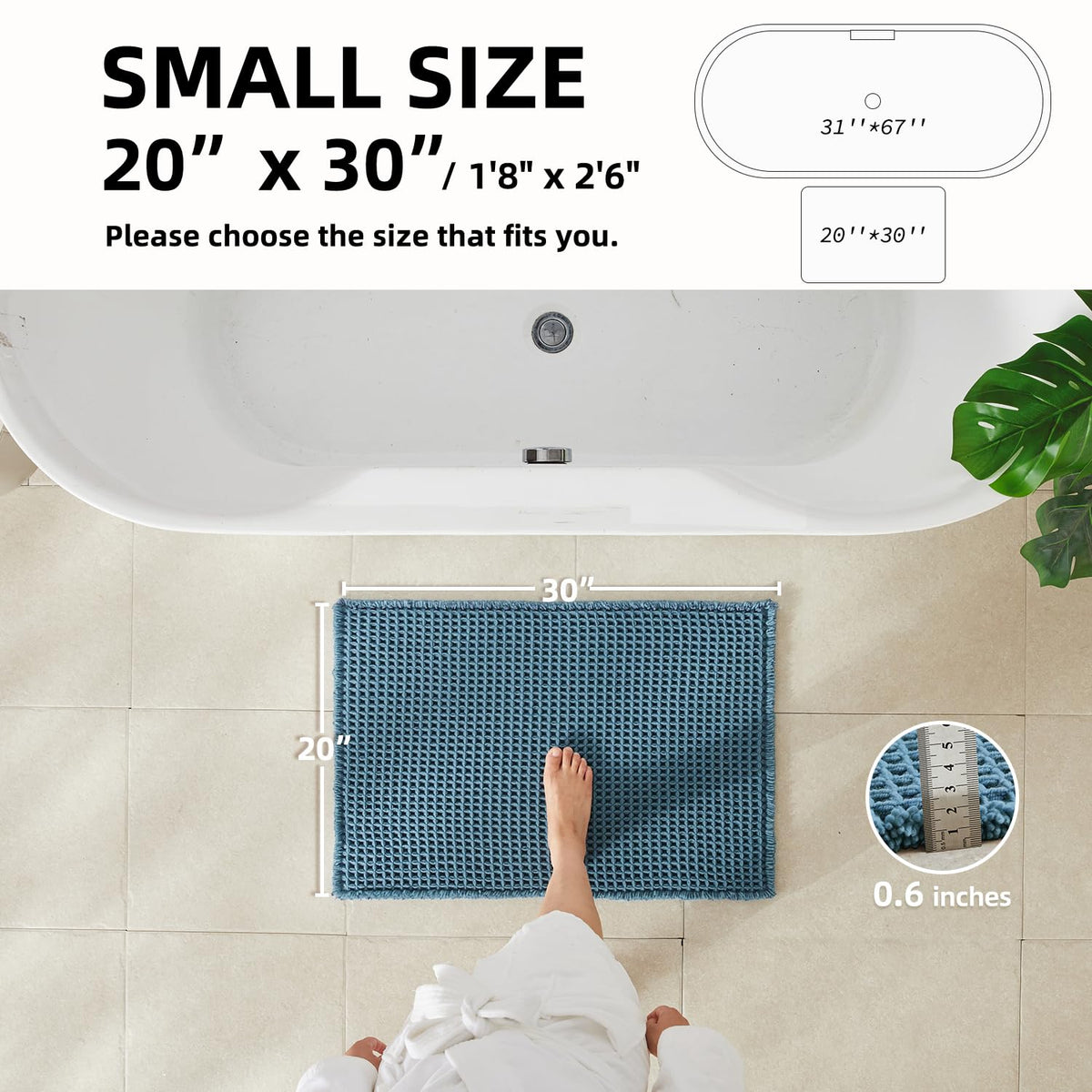 TYUU waffle bath mat denim blue non-slip back keeps mat steady.