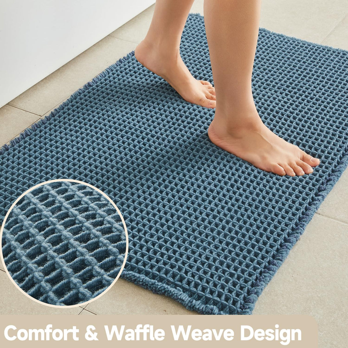 TYUU waffle bath mat denim blue quick-dry weave absorbs moisture quickly.